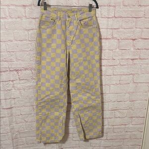 Ragged yellow/lavender checkerboard wide leg jeans